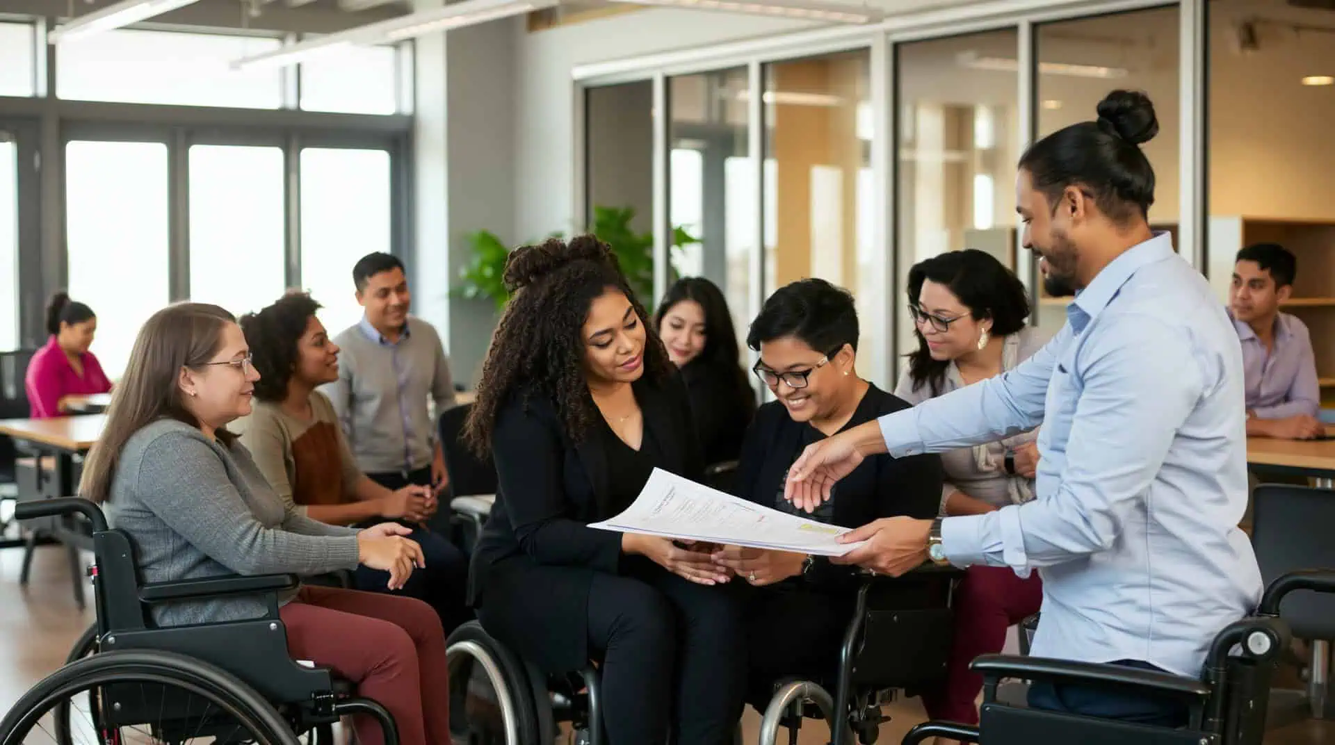 A group of people in wheelchairs are sitting around a table.
